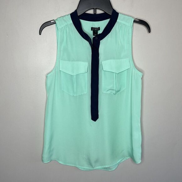 J.CREW Top Womens 2 Mint Green Sleeveless Popover Blouse NEW Blue Trim 58881 - Picture 1 of 9
